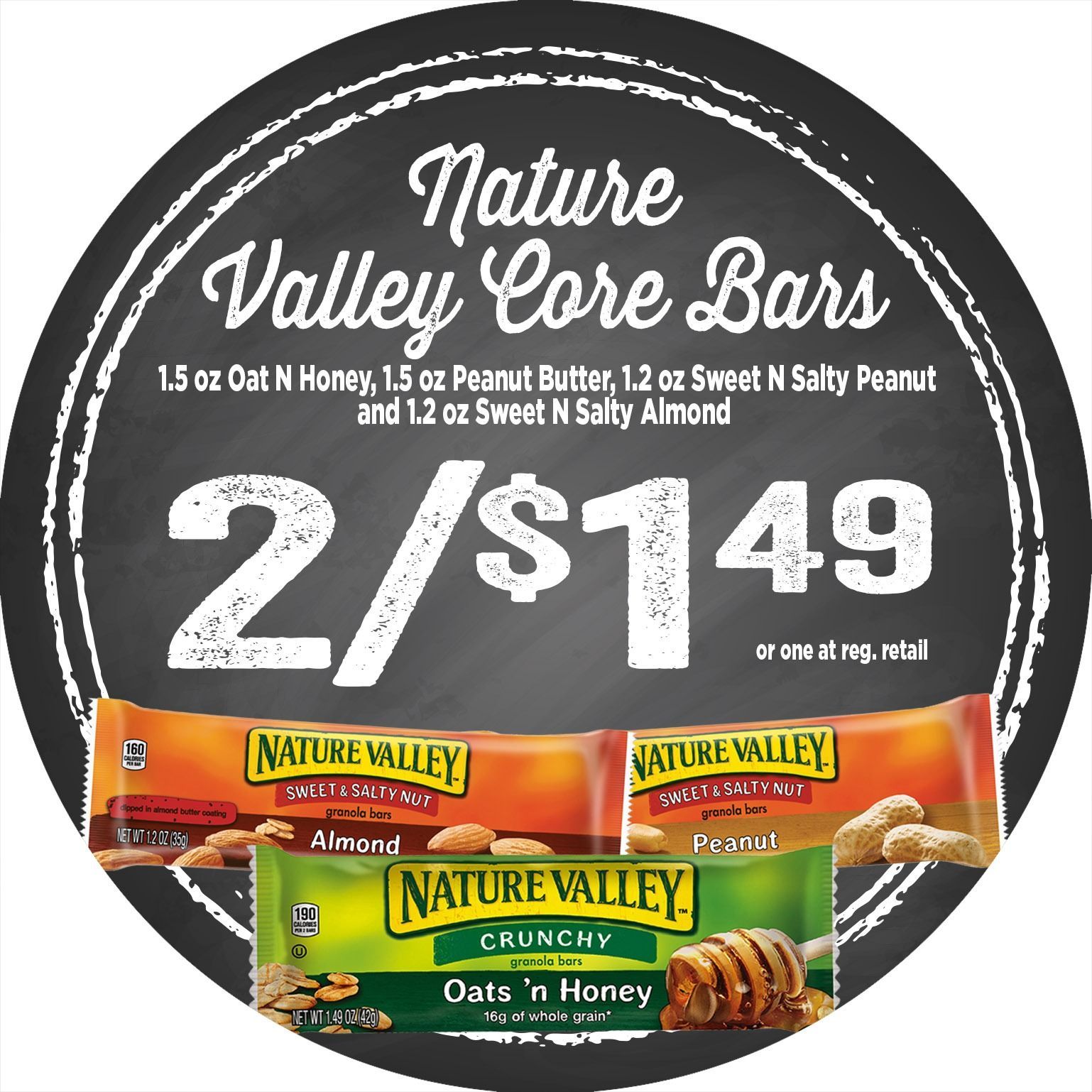 Nature Valley granola bar ad with 2 for $1.49 deal on a black circle background