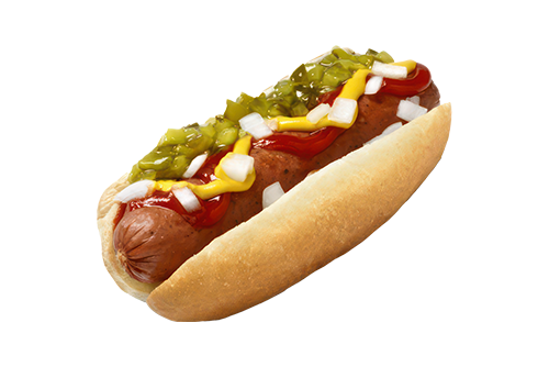 Hot dog with ketchup, mustard, and relish in a bun on a white background