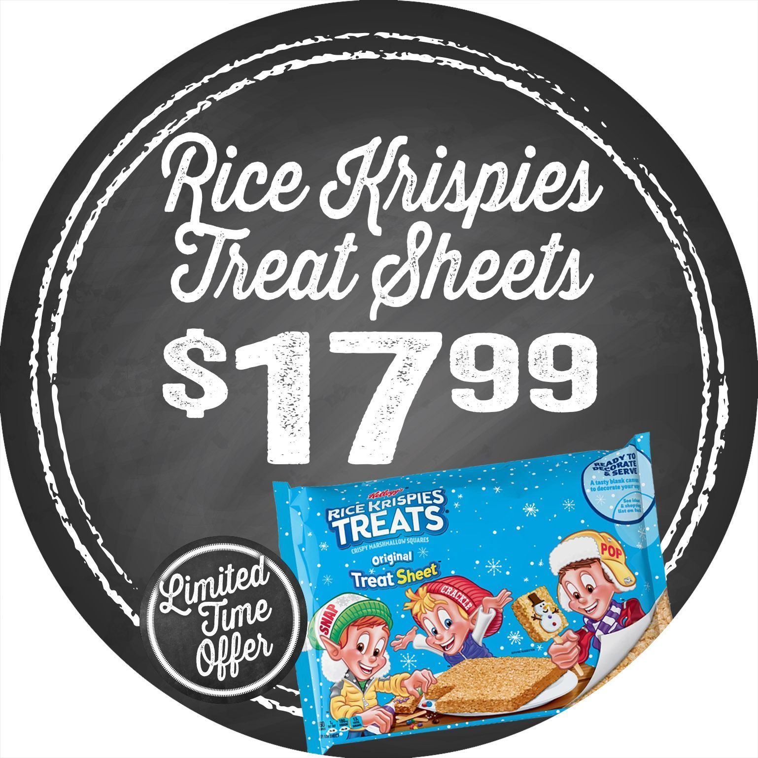 Rice Krispies Treat Sheets on a chalkboard-style sign, $17.99, with limited-time offer badge and product package.
