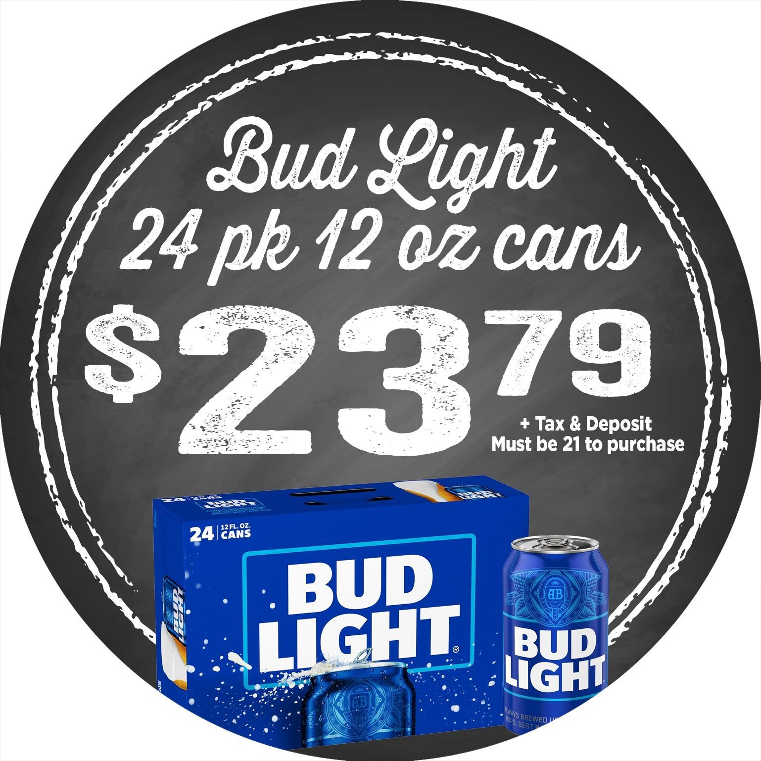 Bud Light 24-pack 12 oz cans, $23.79 sale sign with cans shown below