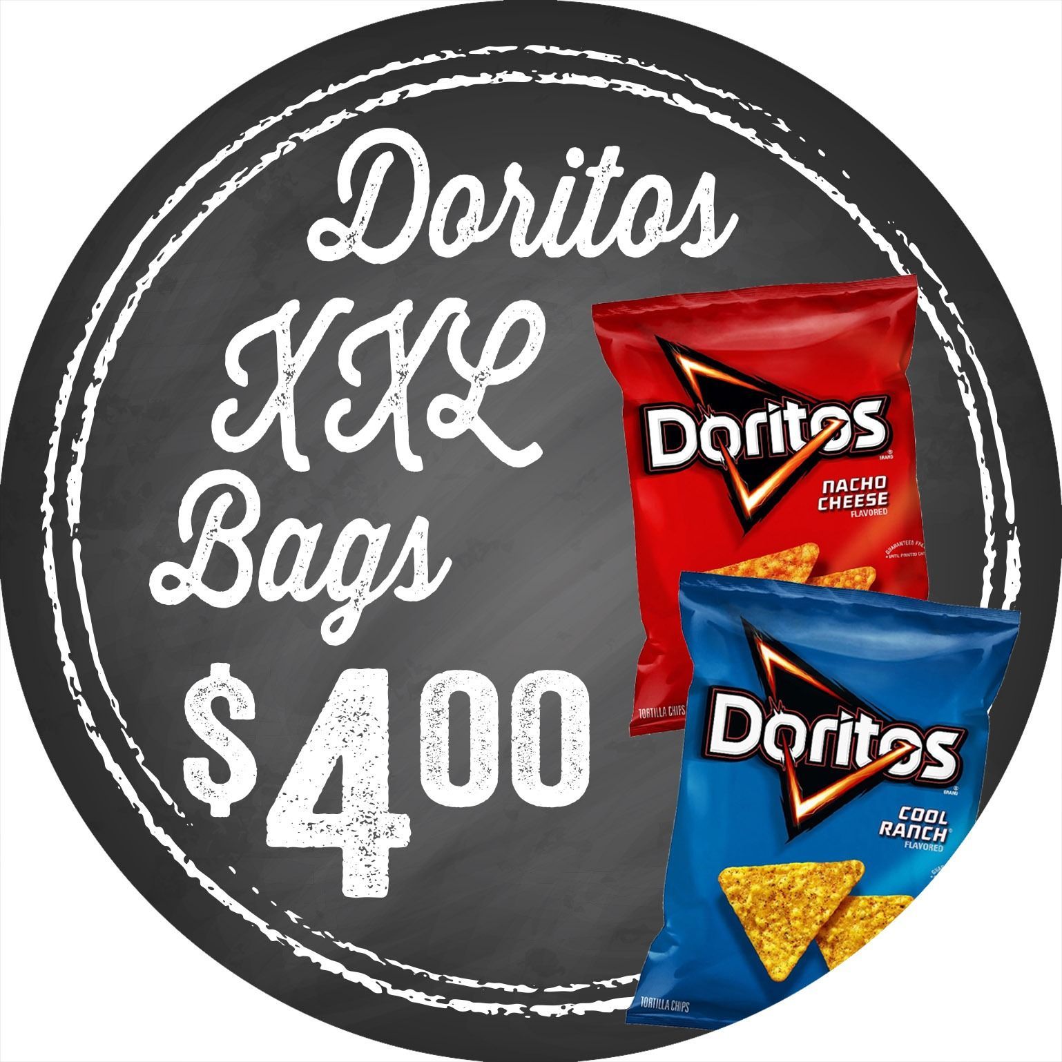 Doritos XXL bags for $4.00, with red and blue chip bags on a chalkboard-style background