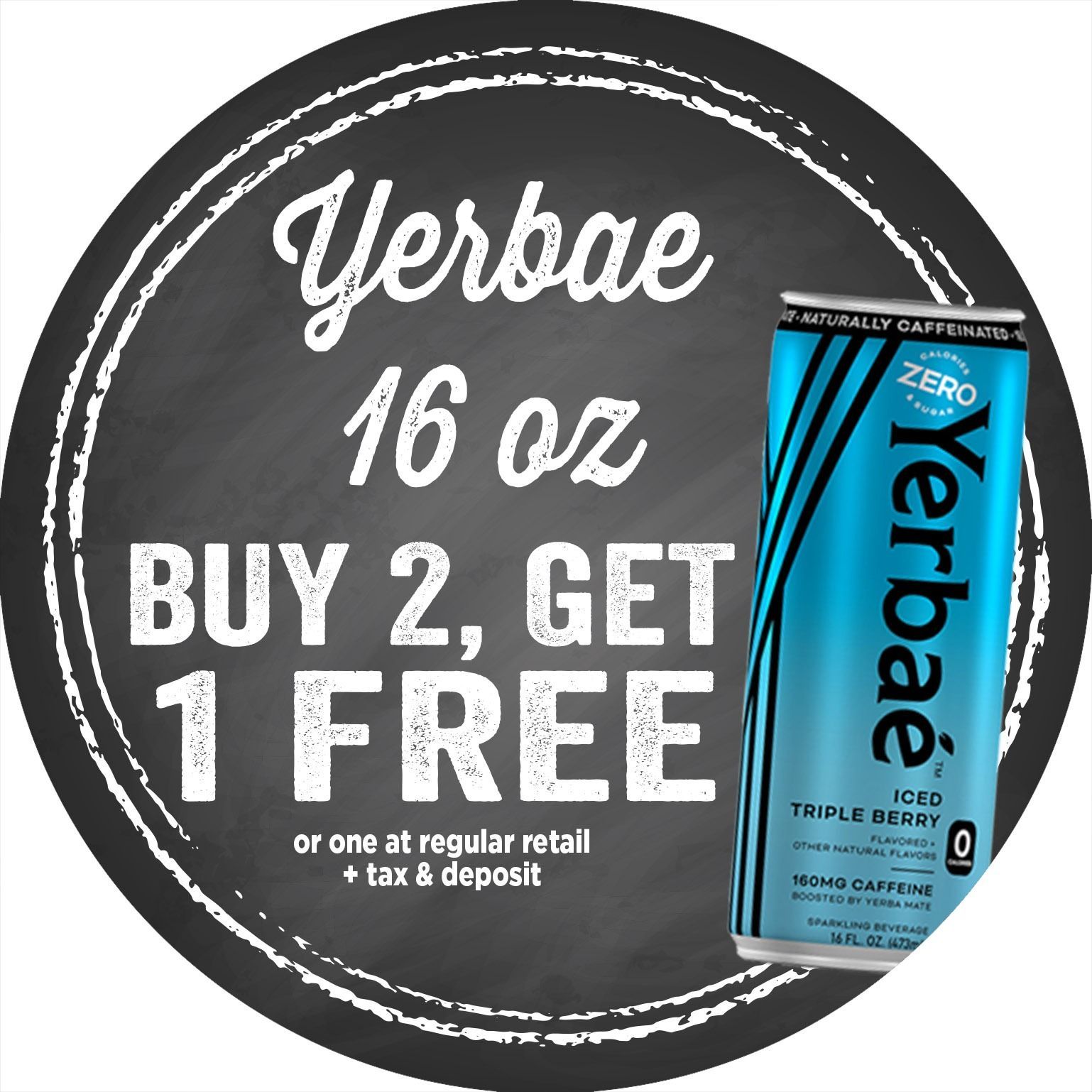 Yerbae 16 oz can with “Buy 2, Get 1 Free” promo on a black circle background