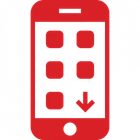 Red smartphone icon with app tiles and a downward arrow, suggesting a mobile app download