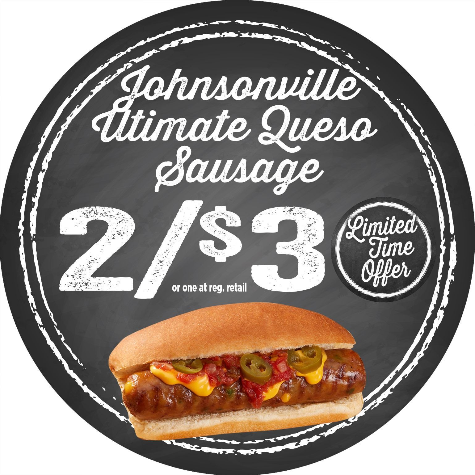Johnsonville Ultimate Queso Sausage ad with 2/$3 limited-time offer and sandwich image