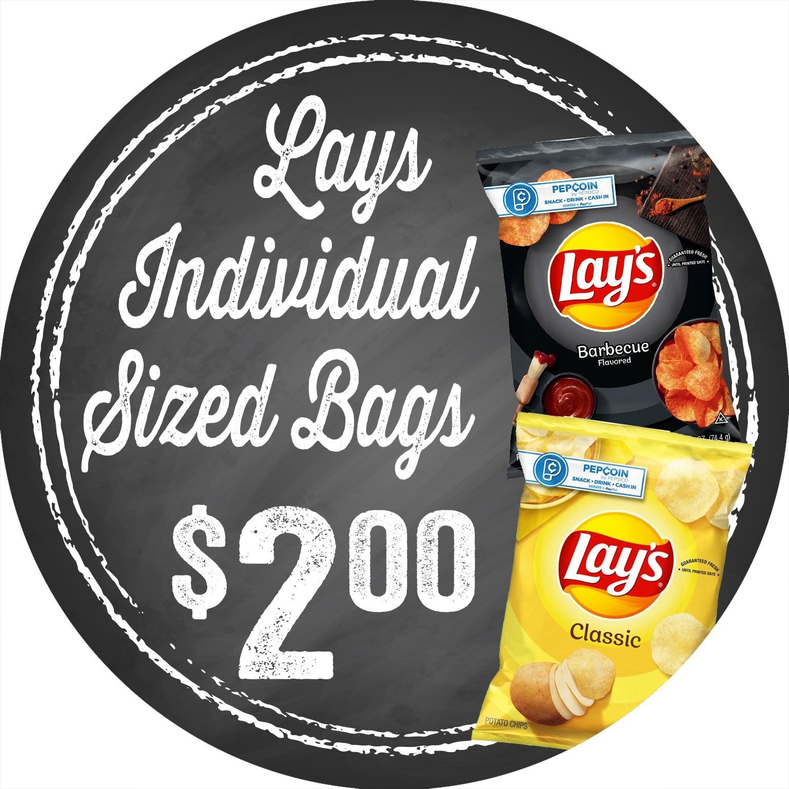 Lays individual-sized bags for $2.00 on a black circular sign, with three chip bags shown.