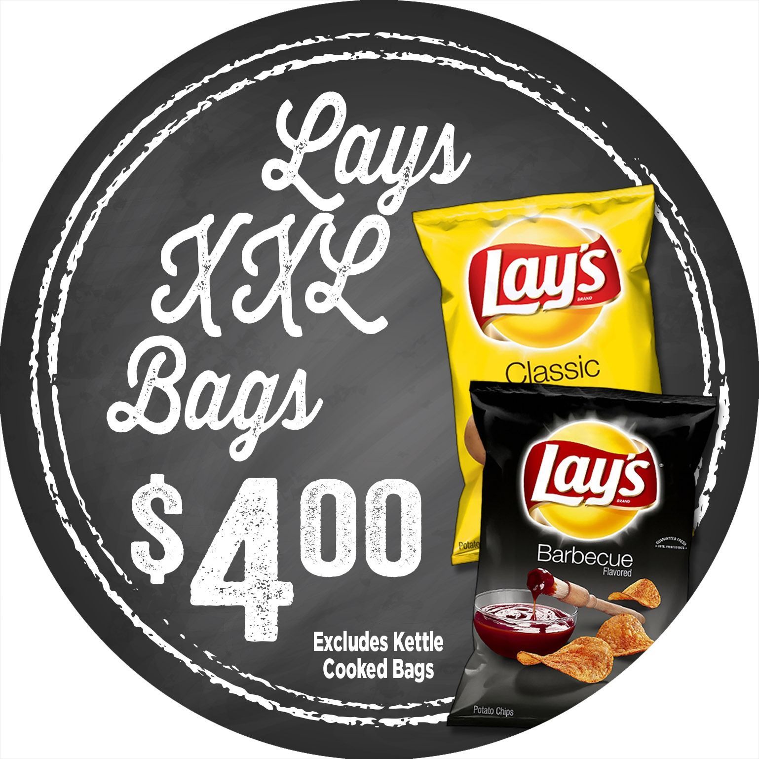 Lay’s bag sale sign: 2 for $4.00, with Classic and Barbecue chips on a black background