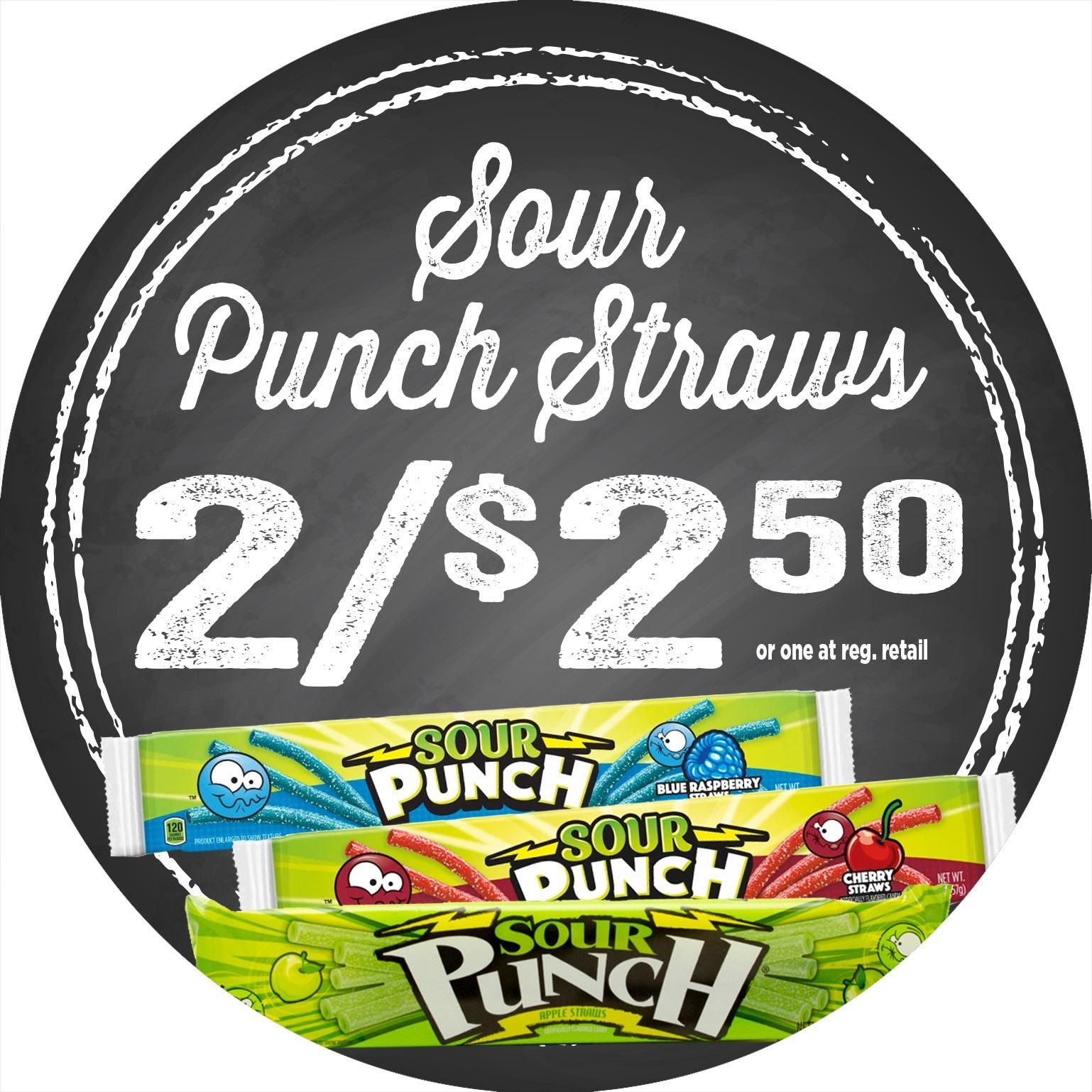 Sour Punch Straws promo with three candy packs and price 2 for $2.50 on a black background