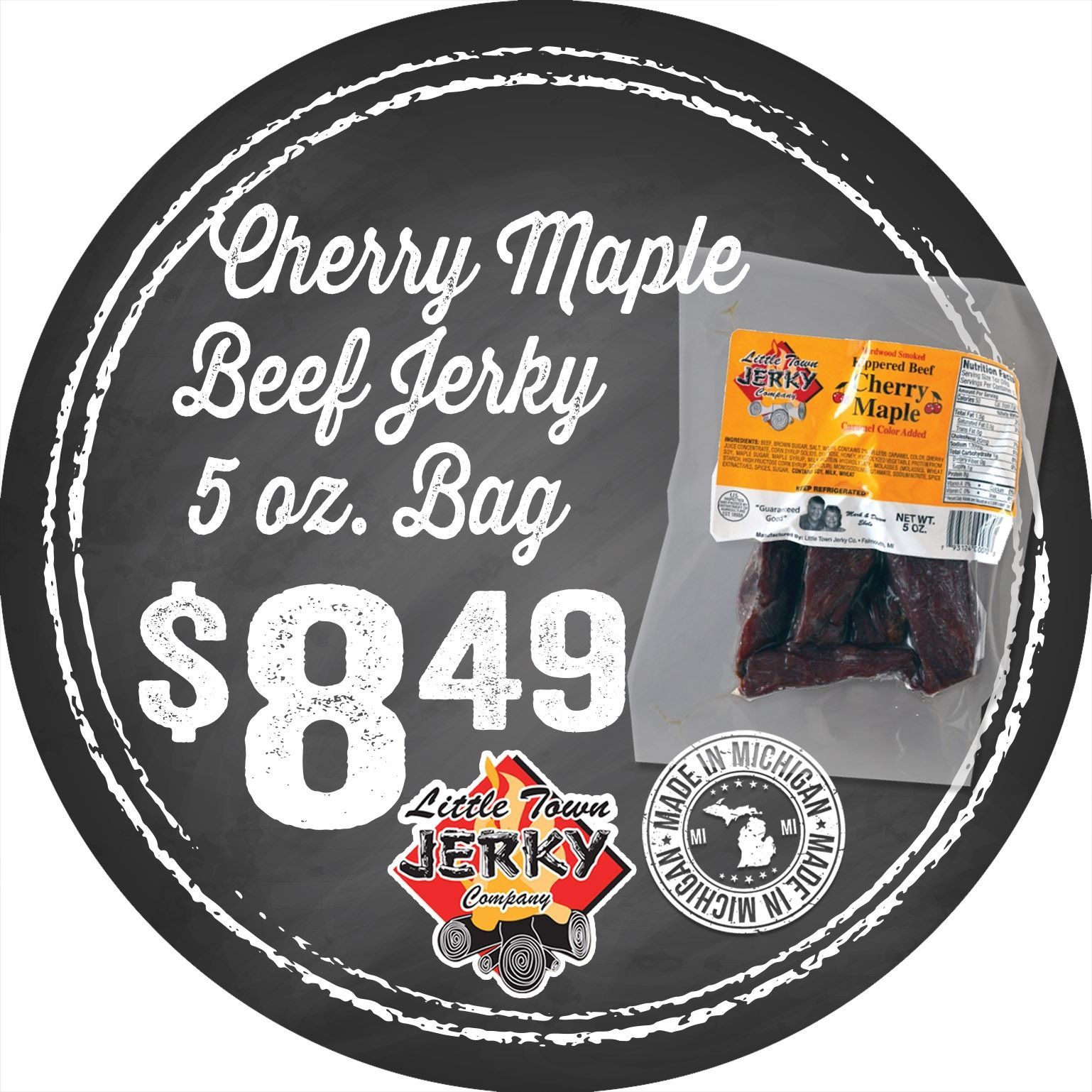 Cherry maple beef jerky 5 oz bag sale sign with $8.49 price on a black round display.