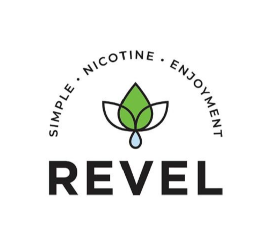 REVEL logo with green leaf and droplet icon, circular text “SIMPLE. NICOTINE. ENJOYMENT.”