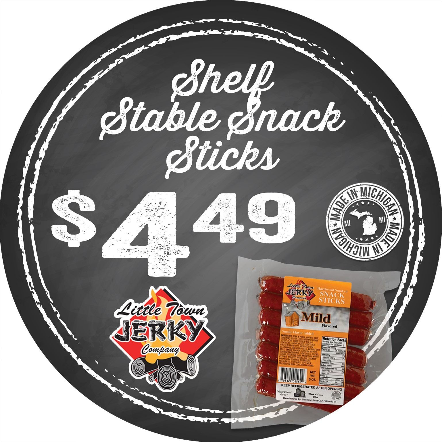Shelf Stable Snack Sticks sale sign: $4.49, with snack stick package image.