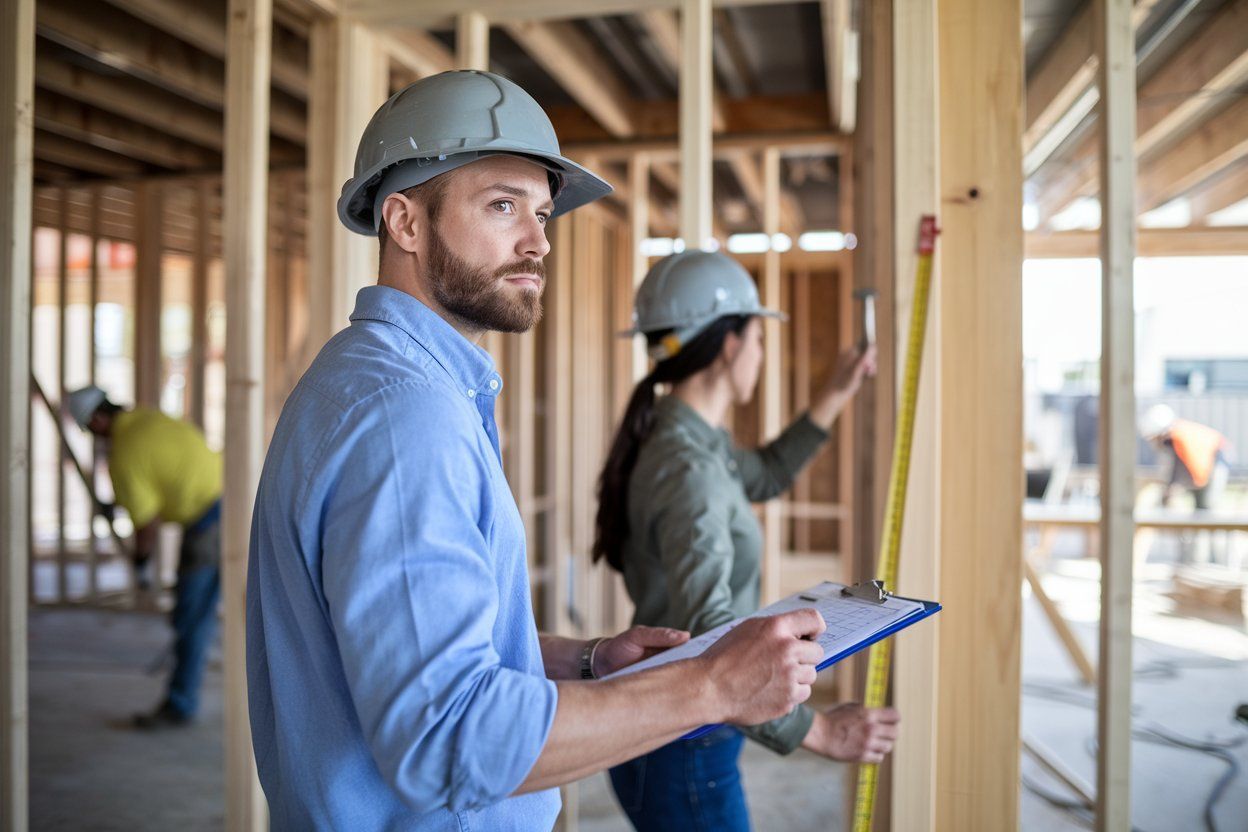 Construction workers inside a building under construction, one holding a clipboard, another measuring.