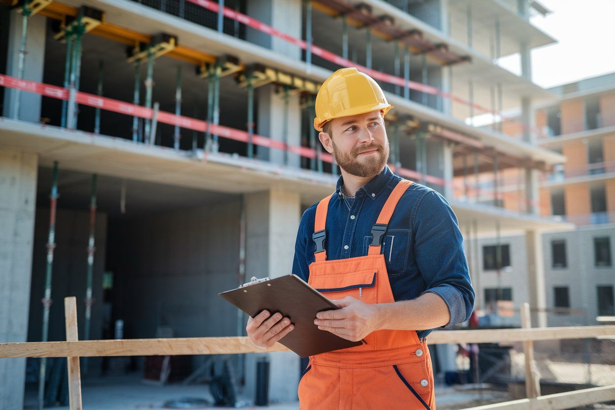 Construction worker in orange overalls and hard hat holding clipboard, surveying a building site.