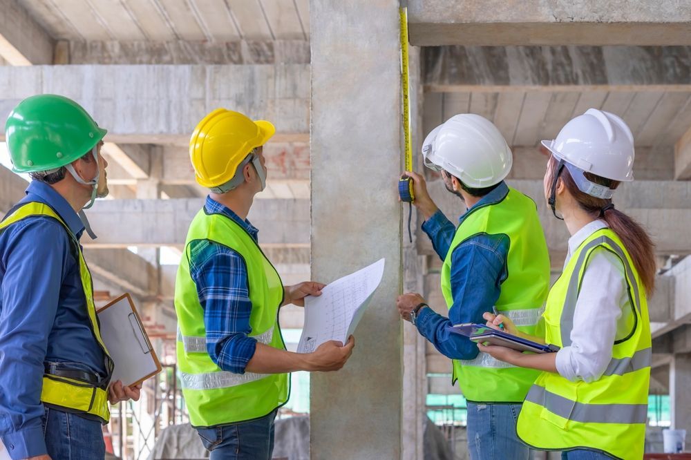 Construction workers in hard hats review blueprints at a building site near a concrete wall.