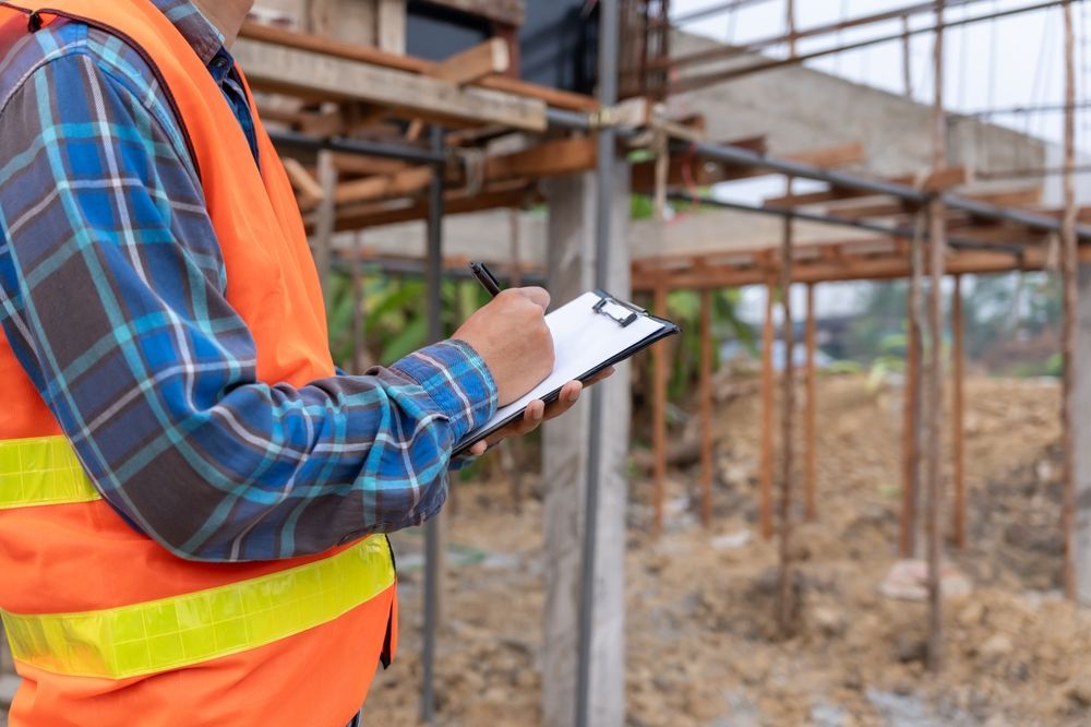 Construction worker in orange safety vest writing on a clipboard at a building site
