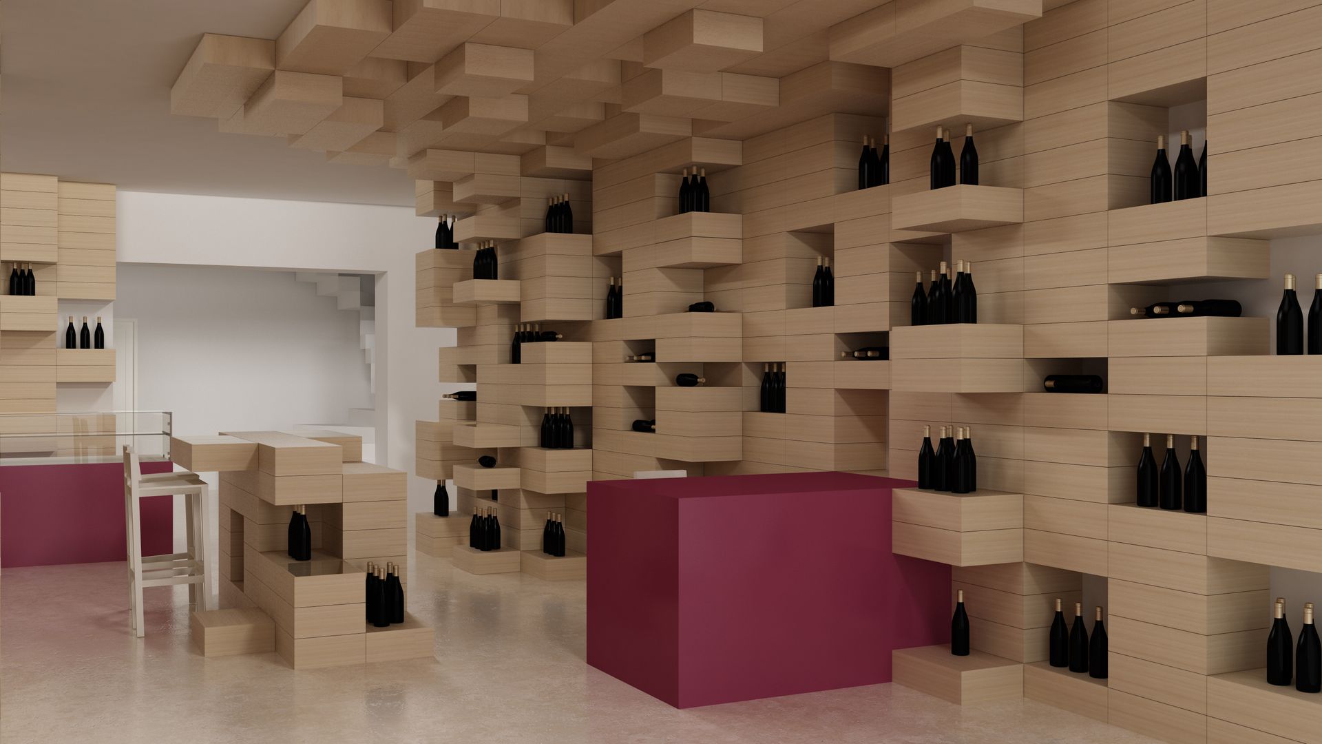 Modern cafe with beige wooden shelving, magenta counters, and wine bottles displayed throughout