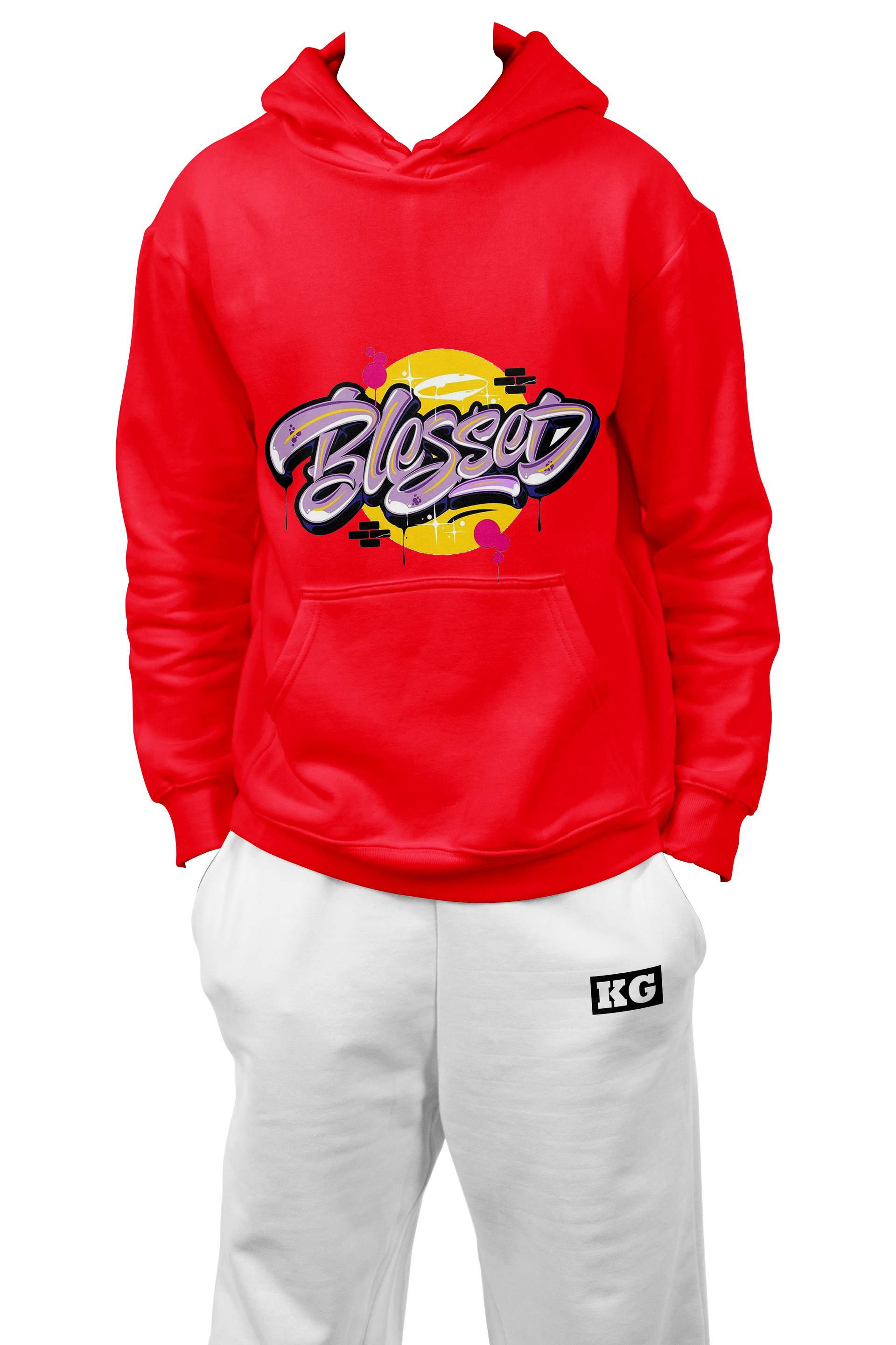!Complete Red and White Unisex Hoodie with “Blessed” Design