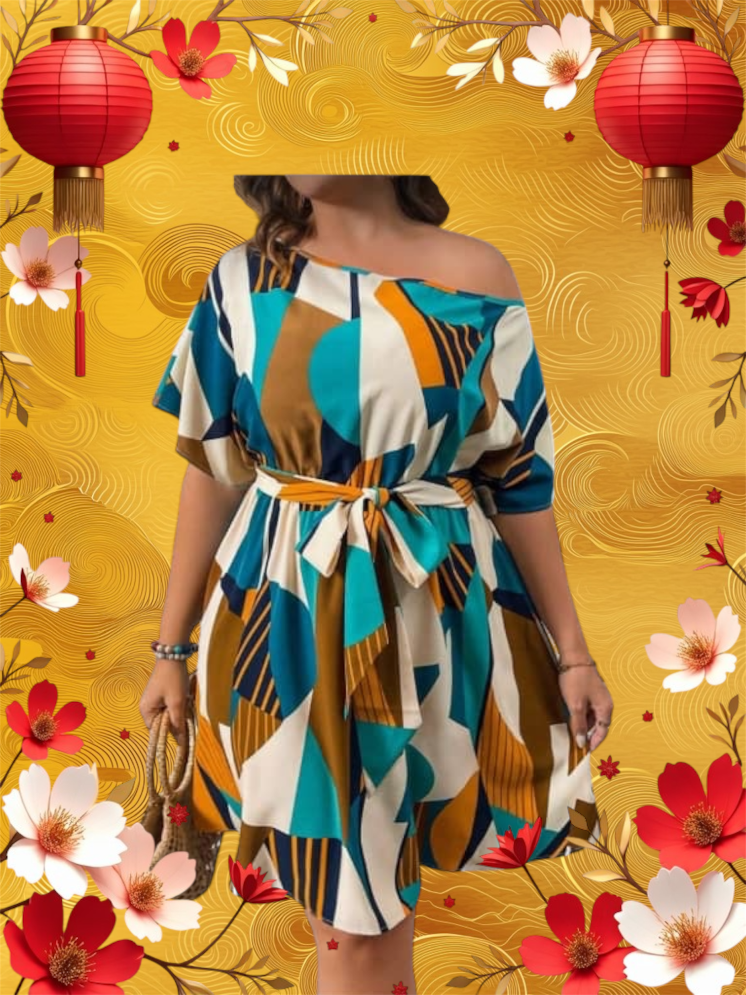 Abstract Print Belted Dress