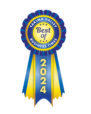 A blue and yellow ribbon that says yakima valley best of business times