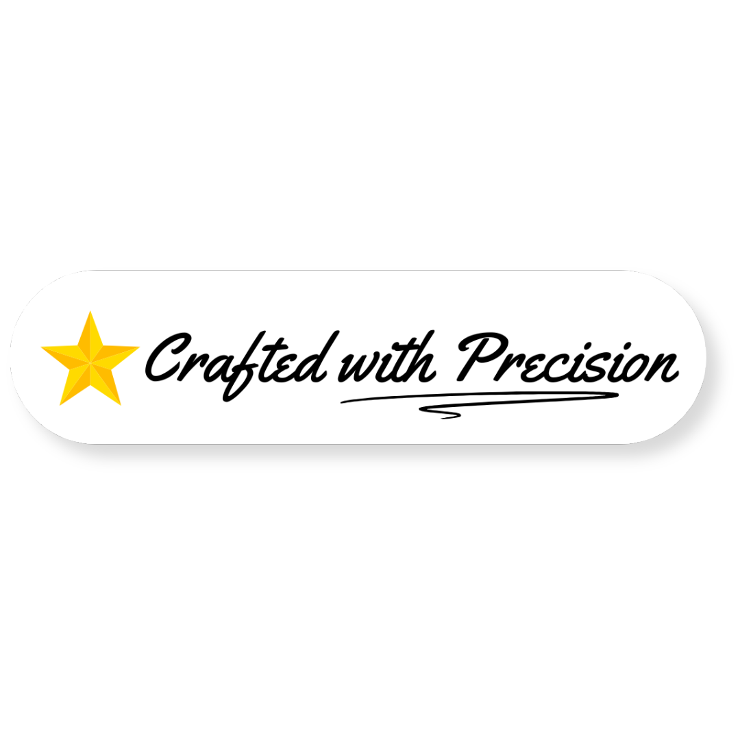 White badge with gold star, text: