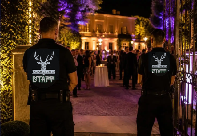 Guardie di sicurezza presidiano l'ingresso illuminato di un'elegante location per eventi serali.