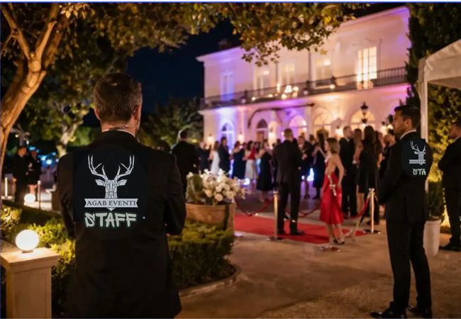 Guardia di sicurezza a un evento sul tappeto rosso fuori da una villa illuminata di notte
