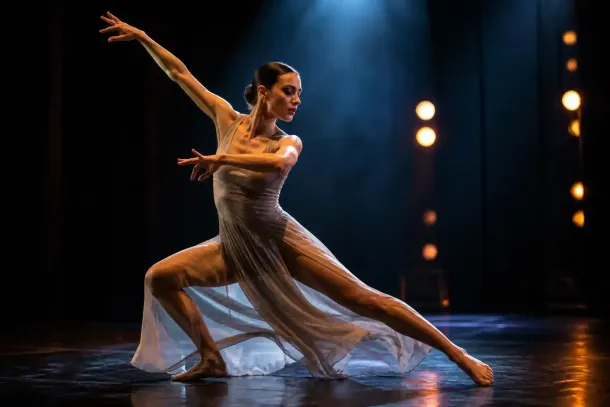 Una ballerina, con indosso un fluente costume bianco, esegue un affondo spettacolare su un palcoscenico buio illuminato da luci calde.