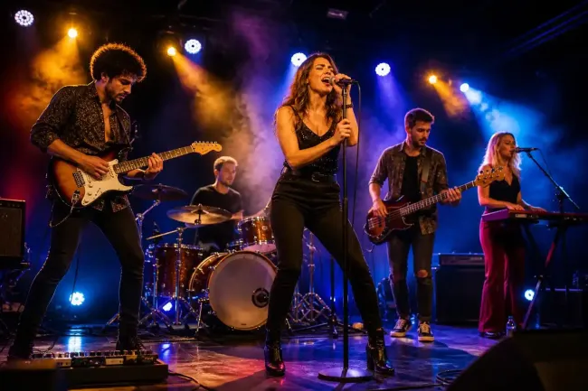 Gruppo musicale dal vivo che si esibisce sul palco sotto luci colorate, con cantante, chitarrista, bassista, batterista e tastierista.