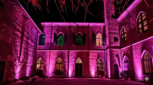 Cortile di un edificio in pietra illuminato di rosa di notte con finestre ad arco e finestre luminose