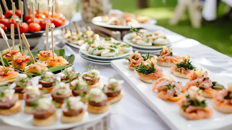 Tavolo da buffet all'aperto con assortimento di stuzzichini e tartine su vassoi bianchi e spiedini, apparecchiato su una tovaglia bianca.