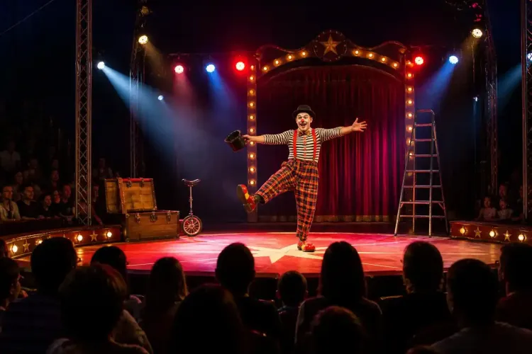Un artista circense in abito a righe si erge su un palco illuminato con le braccia tese verso il pubblico.