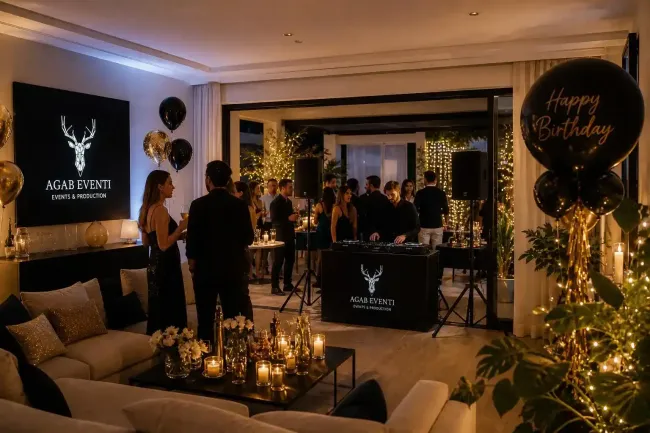 Festa di compleanno in un soggiorno illuminato da una luce calda, con palloncini, candele e un tavolo decorato.