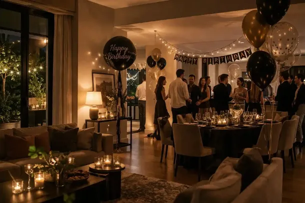 Festa di compleanno in penombra in un soggiorno decorato con invitati, palloncini, candele e lucine.