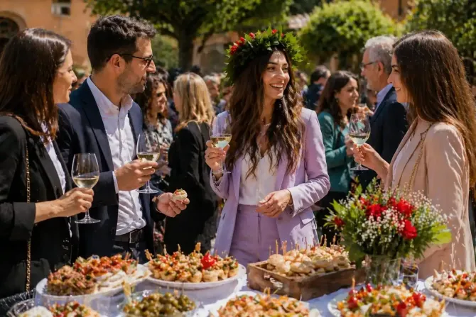 Gli ospiti chiacchierano attorno a un tavolo da buffet all'aperto, gustando bevande e vassoi di antipasti.