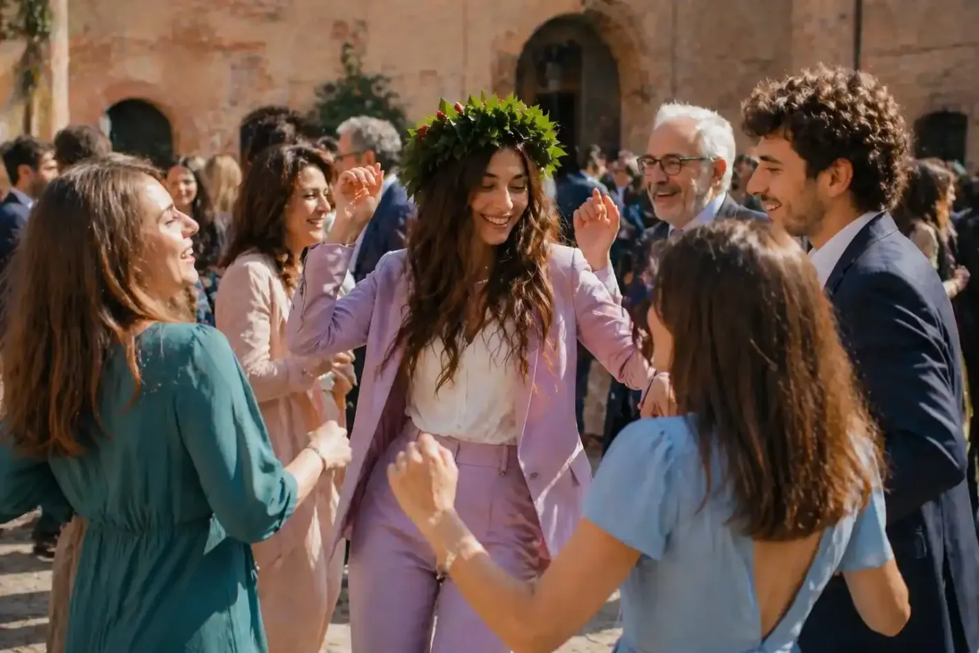 Persone che ballano durante un raduno all'aperto, con una donna in tailleur color lavanda al centro.