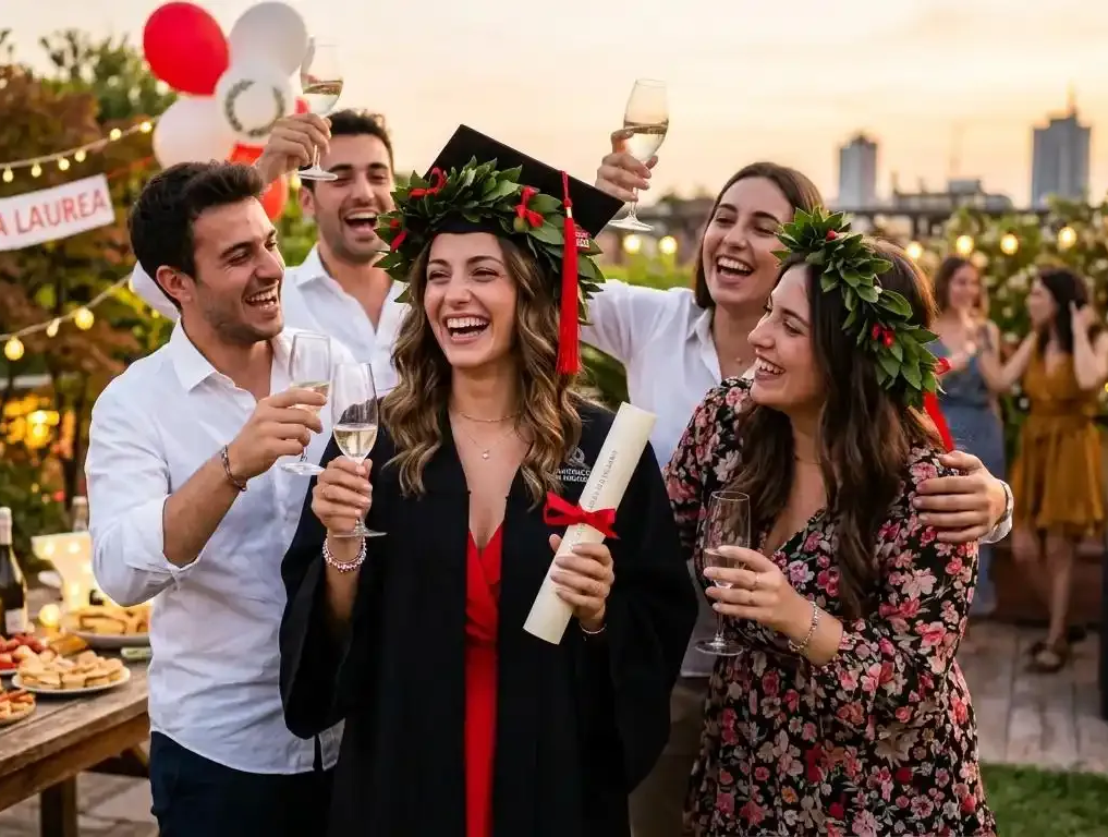 I laureati festeggiano all'aperto al tramonto, sorridendo con diplomi e palloncini.