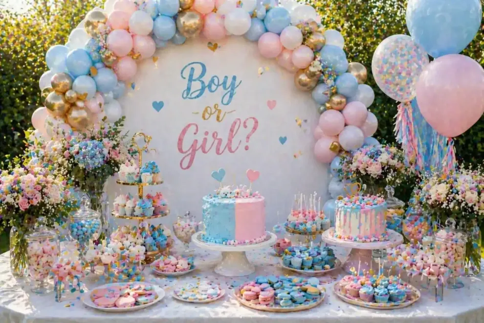 Tavolo dei dolci per il baby shower con palloncini color pastello e un cartello con la scritta