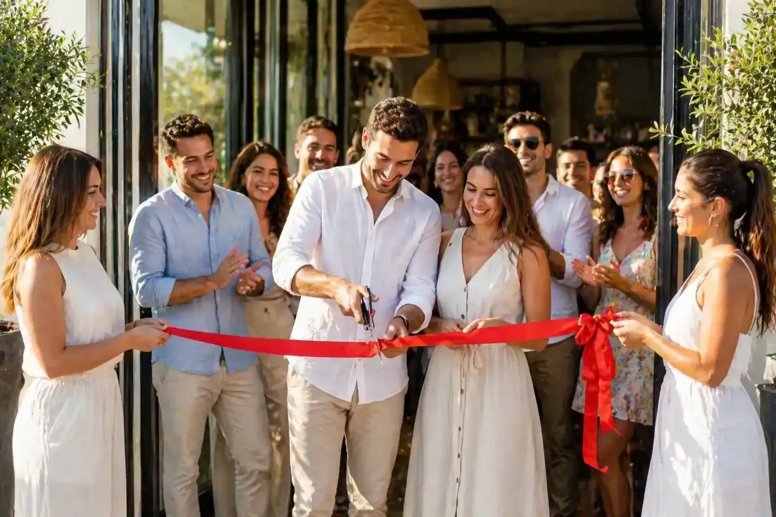 Un gruppo di persone vestite di bianco taglia un nastro rosso all'ingresso di un edificio.
