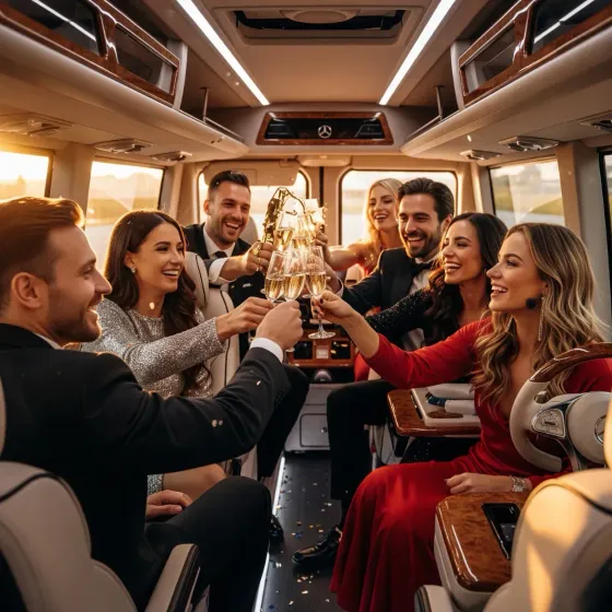 Amici brindano in una lussuosa carrozza ferroviaria, sorridendo attorno a un tavolo centrale illuminato da luci soffuse.