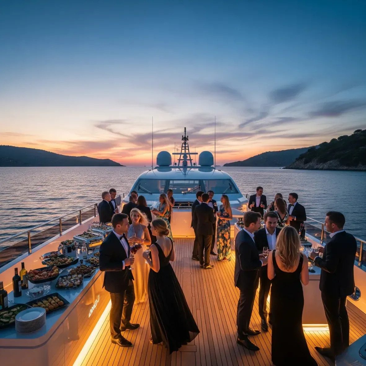 Ospiti che socializzano su uno yacht di lusso al tramonto su acque calme