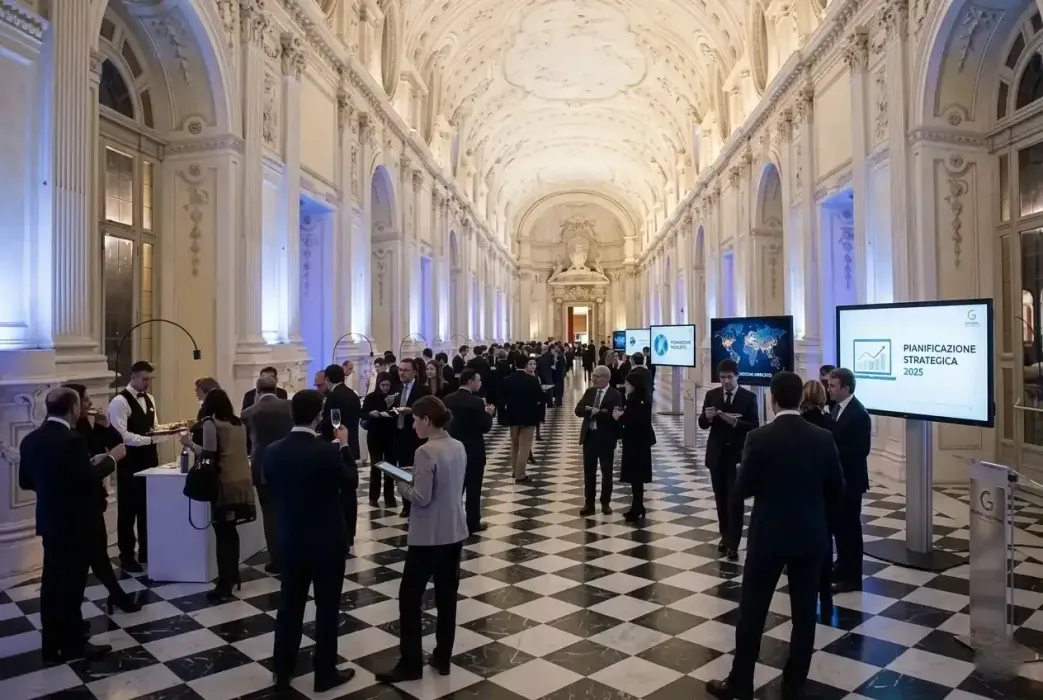 Evento formale affollato in una grande sala con pavimento a scacchi e schermi per le presentazioni.