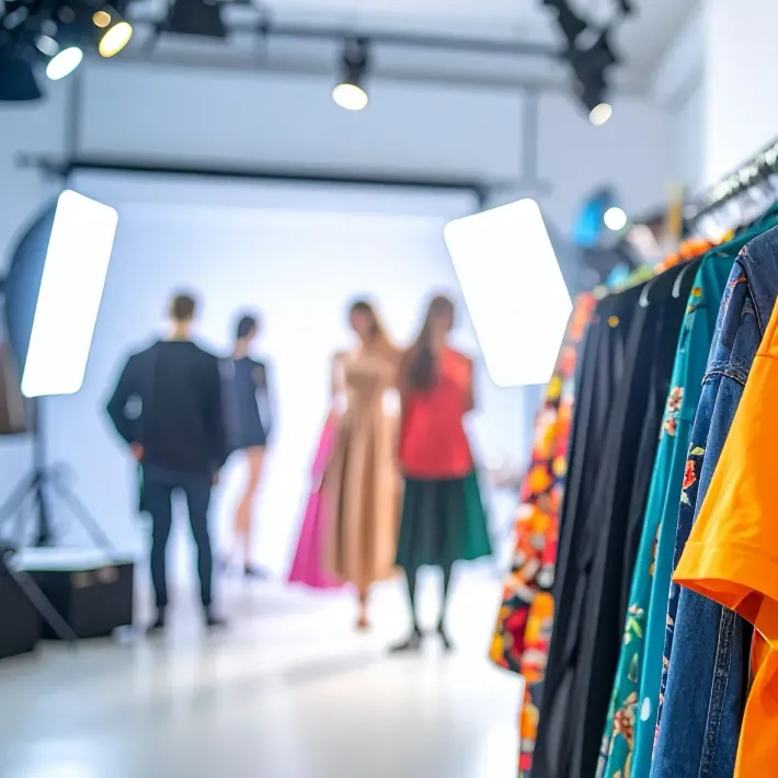 Appendiabiti e modelle su una passerella in un luminoso showroom di moda.