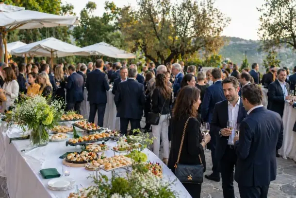 Ricevimento con cocktail all'aperto, con gli ospiti che socializzano attorno a un lungo tavolo da buffet sotto ombrelloni bianchi.