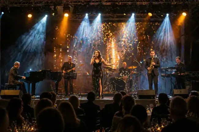 Il gruppo musicale si esibisce dal vivo sul palco, illuminato da suggestivi riflettori e con le sagome del pubblico in primo piano.