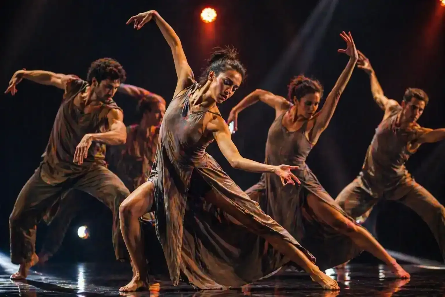 Ballerini in costumi marroni eseguono una danza contemporanea sincronizzata su un palcoscenico buio, illuminati da riflettori caldi.