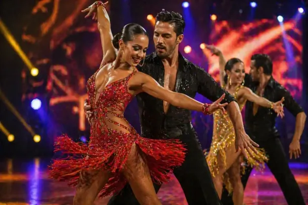 Coppia di ballerini latino-americani in costumi rossi e neri che si esibiscono su un palco illuminato da luci colorate.