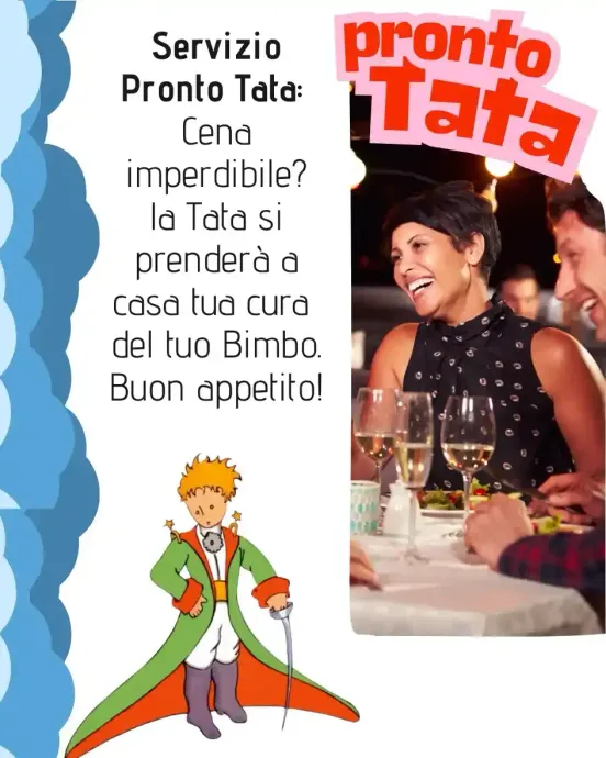 Pubblicità di Pronto Tata con una donna sorridente seduta a un tavolo di un ristorante illuminato da candele e la scritta "Servizio Pronto Tata"