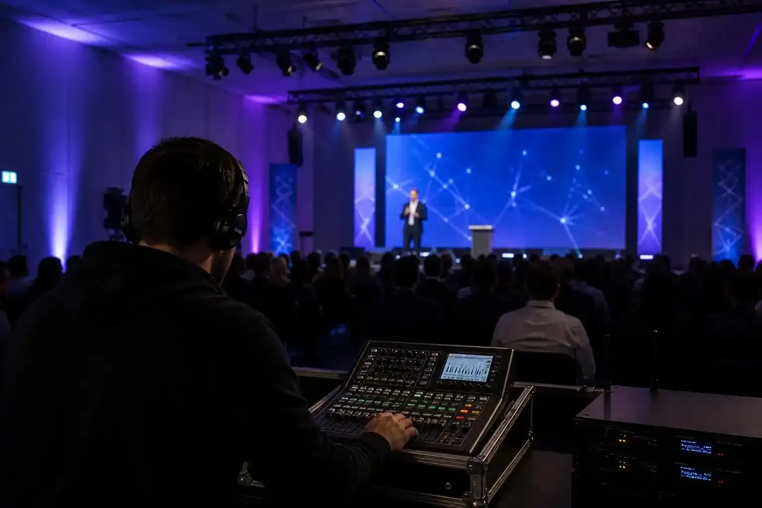 Tecnico del suono alla console di missaggio che osserva un relatore su un palco illuminato, con il pubblico stagliato in controluce.