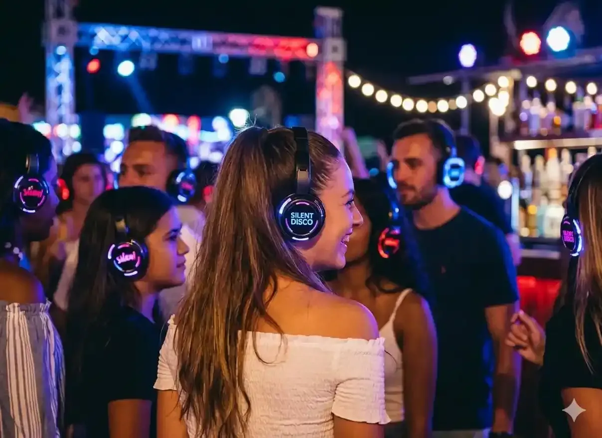 Persone con cuffie luminose che ballano a una festa notturna all'aperto con luci a catena