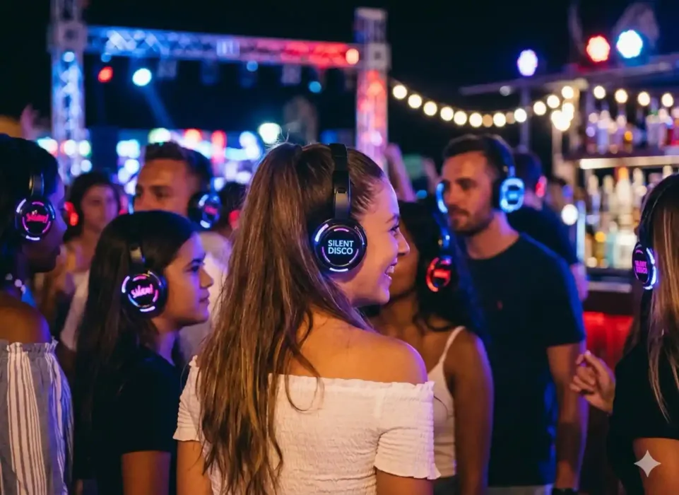 Persone con cuffie luminose a una festa notturna all'aperto con luci colorate e un palco sullo sfondo.