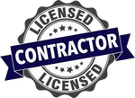 A licensed contractor stamp with a blue ribbon around it.